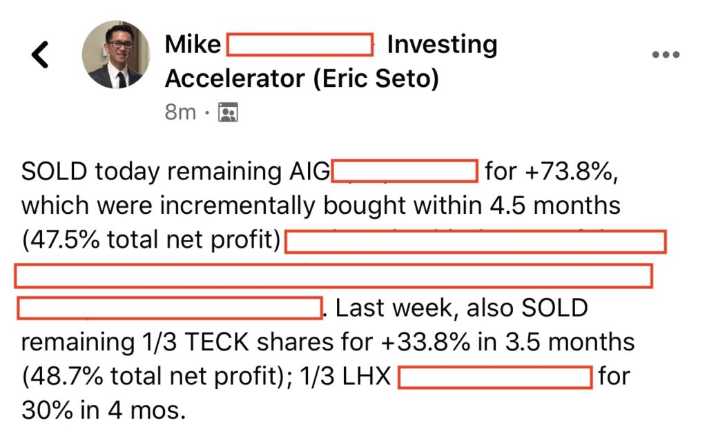 207 - 209 - Mike made 74% from AIG, 34% from TECK and 30% from LHX in 5 months
