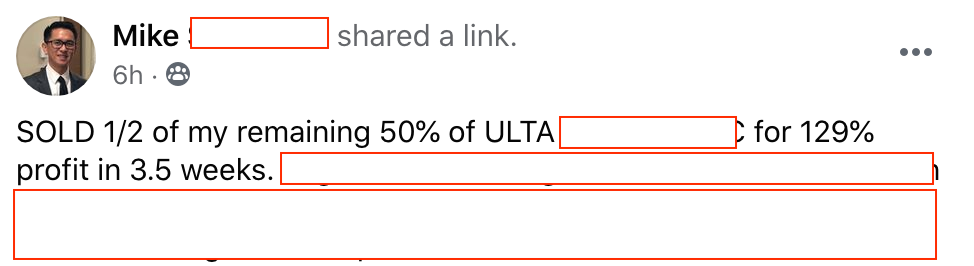 212 - Mike made 129% from ULTA in 3.5 weeks