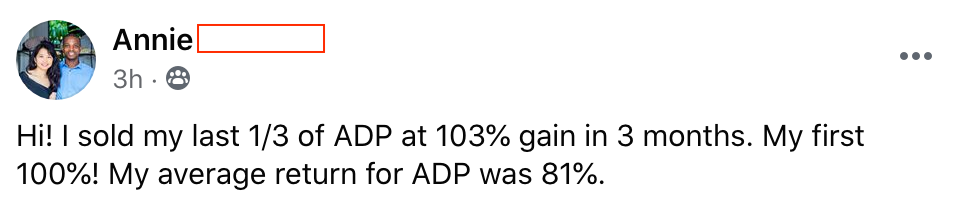 217 - Annie H made 103% from ADP in 3 months