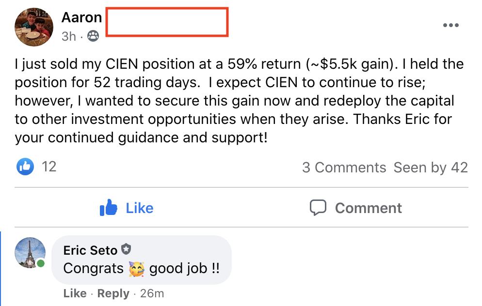 228 - Aaron W made 59% from CIEN in 52 days