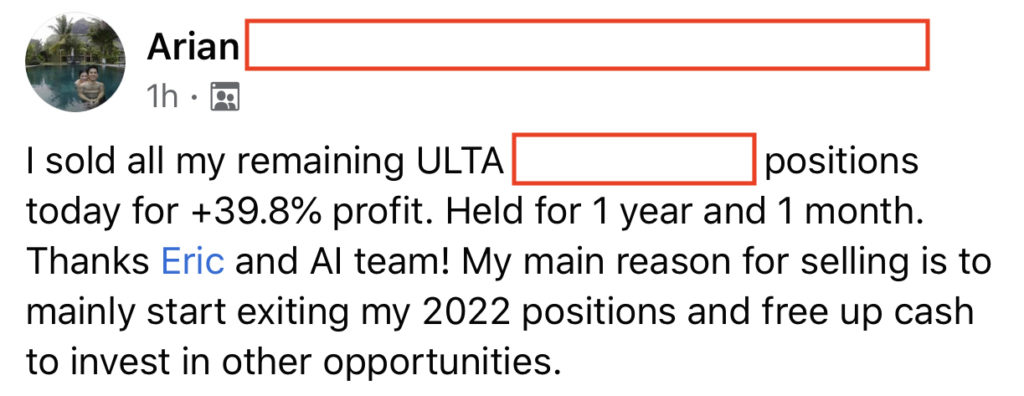 243 - Arian made 39% from ULTA in 1 year and 1 month