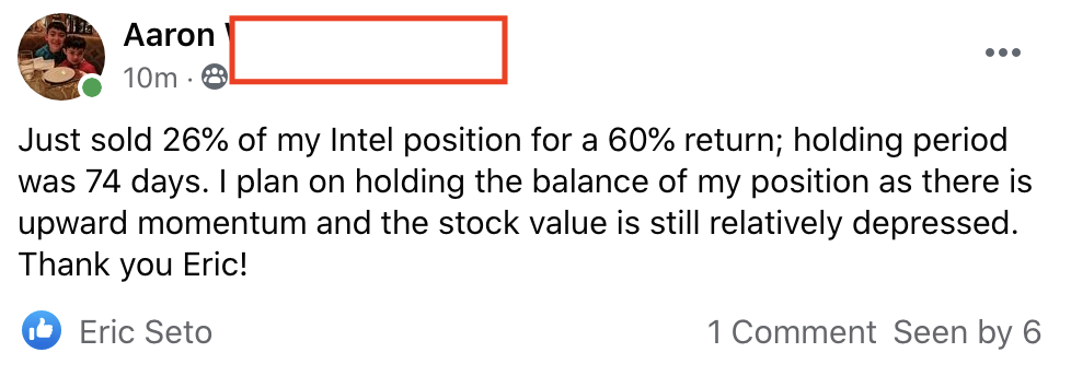 246 - Aaron W made 60% from INTC in 74 days