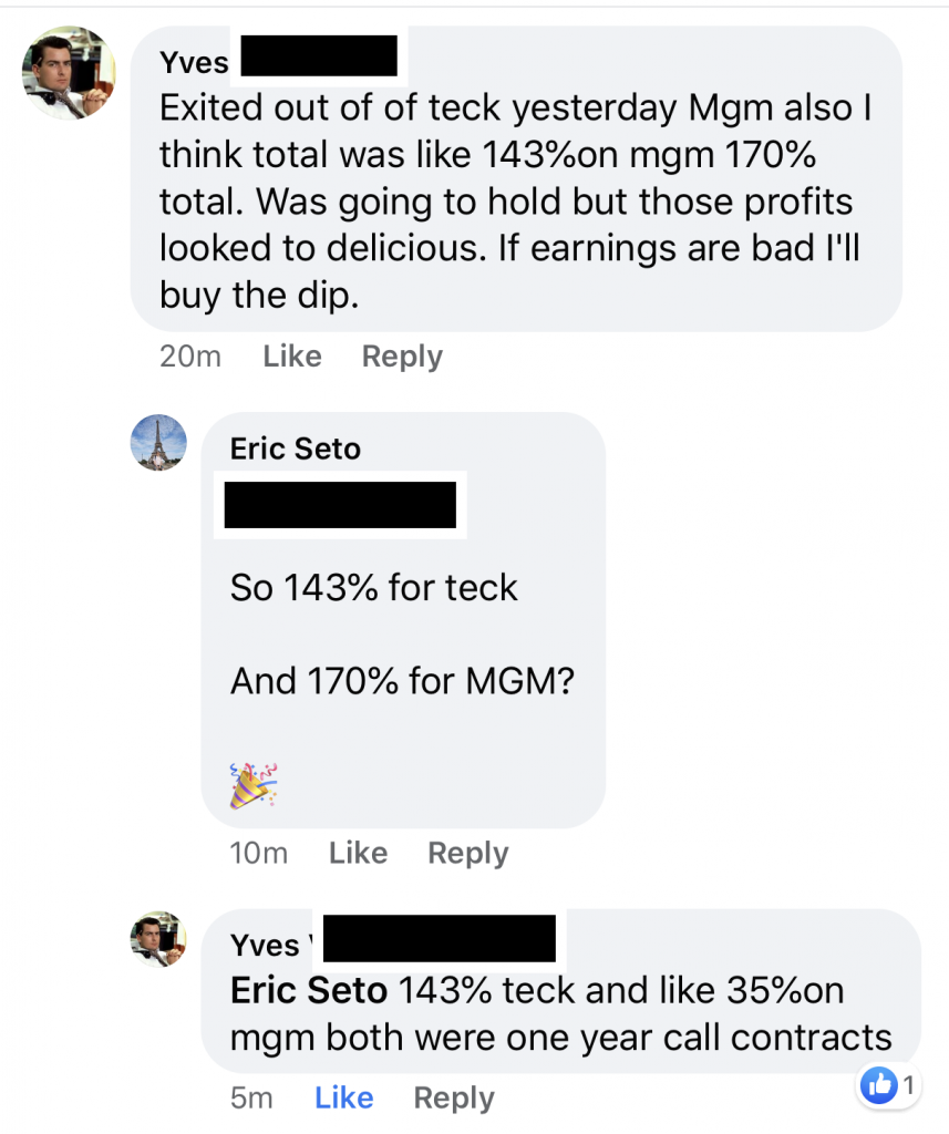 Yves made 143% on Teck and 35% on MGM