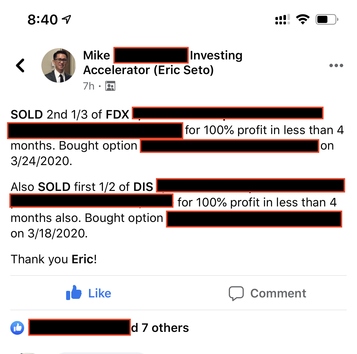 Congrats to Mike making 100% on FDX and 100% on DIS in 4 months