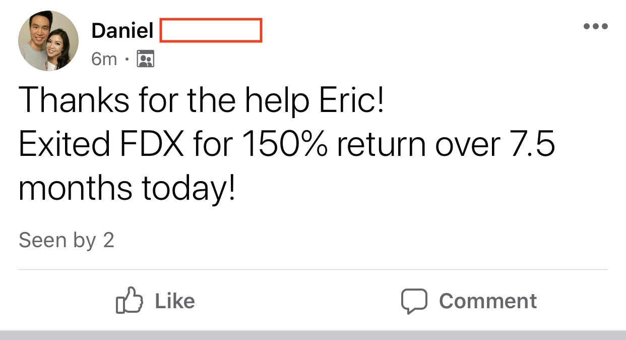 Daniel made 150% from FDX in 7.5 months