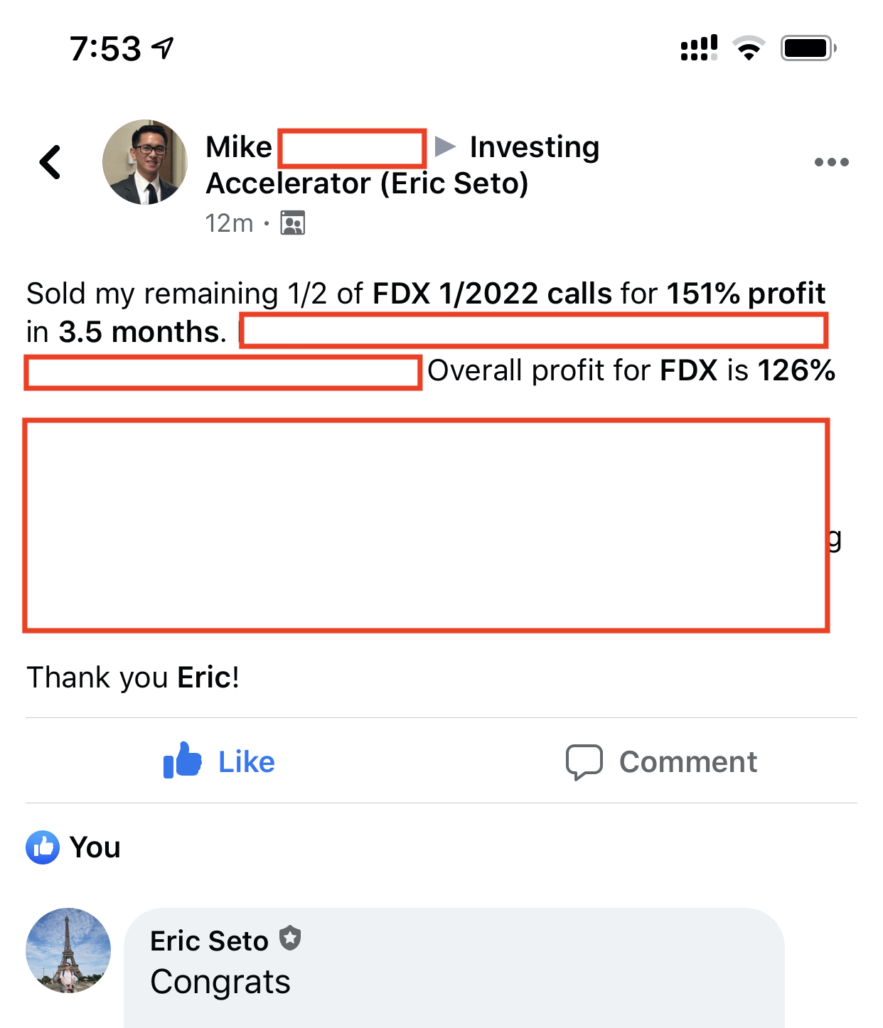 Mike made 151% from FDX in 3.5 months