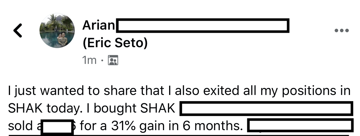 Arian made 31% from SHAK in 6 months
