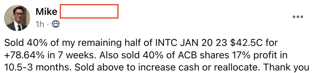 307 - 308 Mike made 79% from INTC in 3 months and 17% from ACB in 10 months