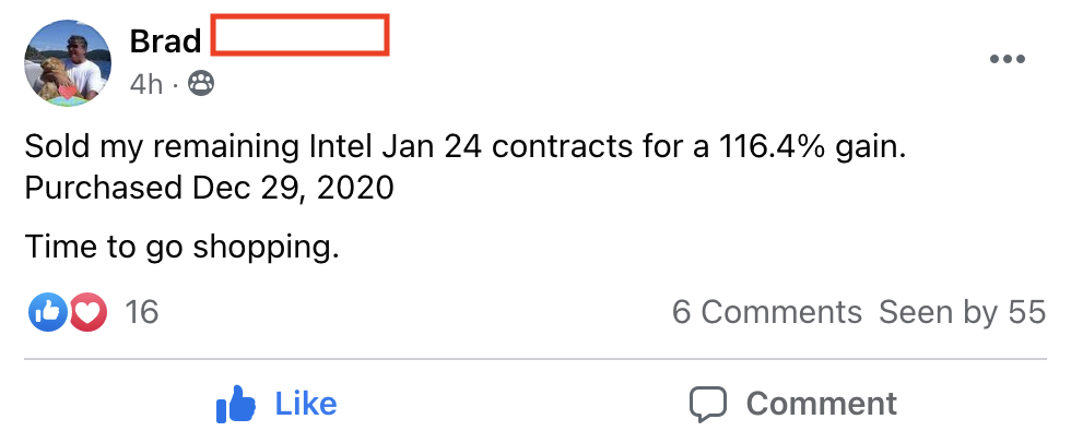 330 - Brad F made 116% from INTC in 3 monhs