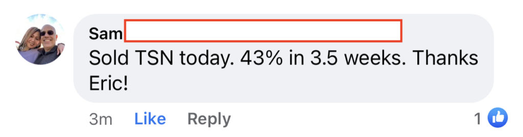 335 - Sam S sold TSN for 45% in 3.5 weeks