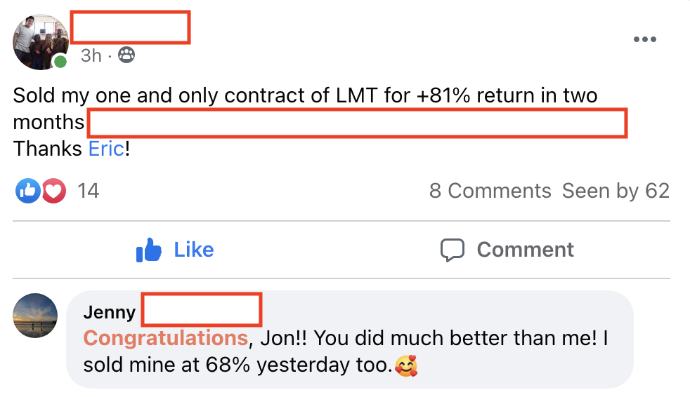 373 - 374 - Jon made 81% from LMT in 2 months and Jenny made 68% from LMT as well