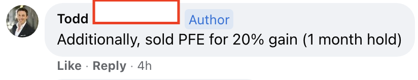 390 - Todd made 20% from PFE in 1 month
