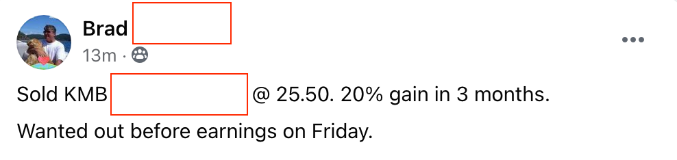 404 - Brad F made 20% from KMB in 3 months