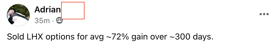 429 - Adrian made 72% from LHX in 10 months