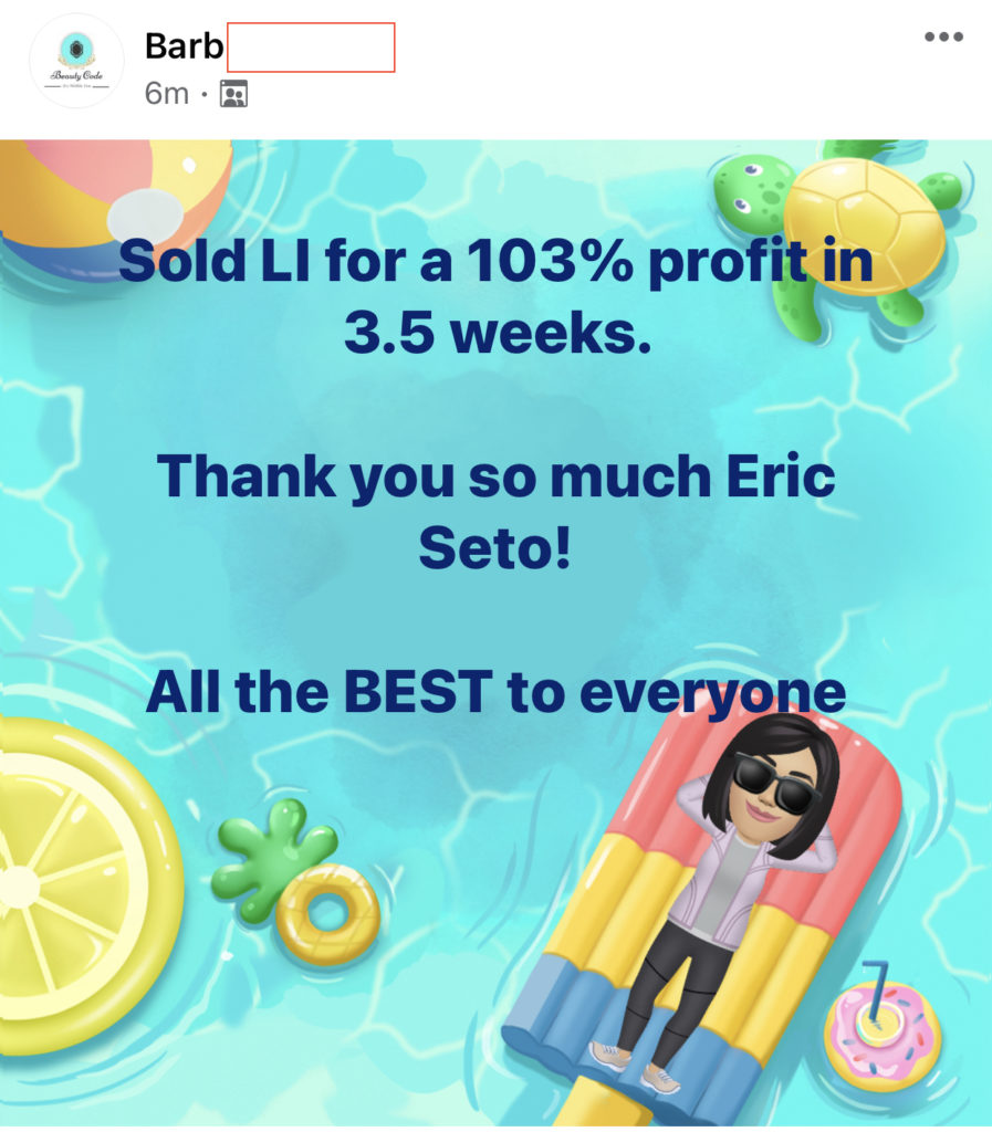 454 - Barb made 103% from Li in 1 month