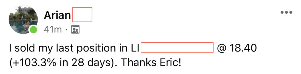 463 - Arian made 103% from Li in 1 month