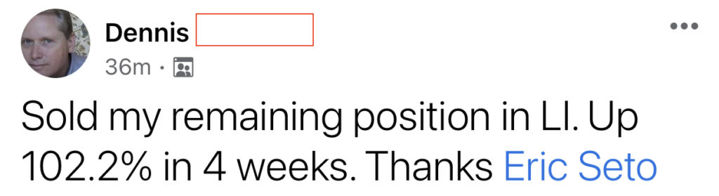 464 - Dennis made 102% from Li in 1 month