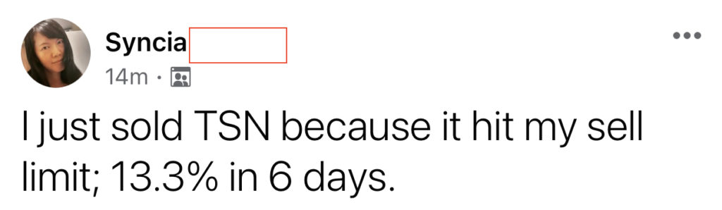 491 - Syncia made 13% from TSN in 6 days