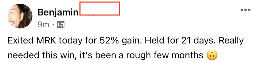 516 - Ben L made 52% from MRK in 21 days