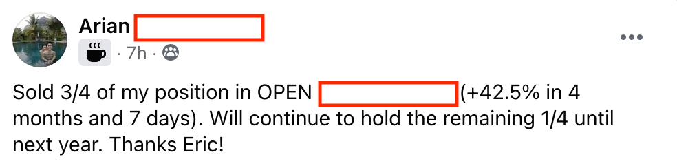 529 - Arian made 43% from OPEN in 4 months