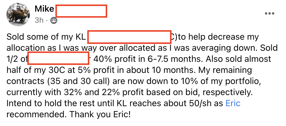 567 - Mike S made 40% from KL in 7.5 months