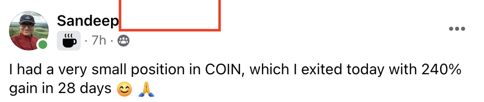 577 - Sandeep M made 240% from COIN in 1 month