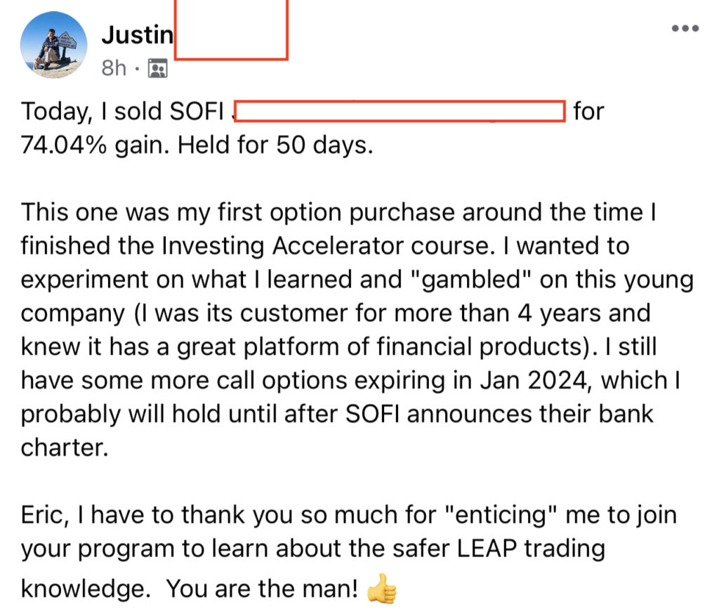 592 - Justin K made 74% from SOFI in 2 months