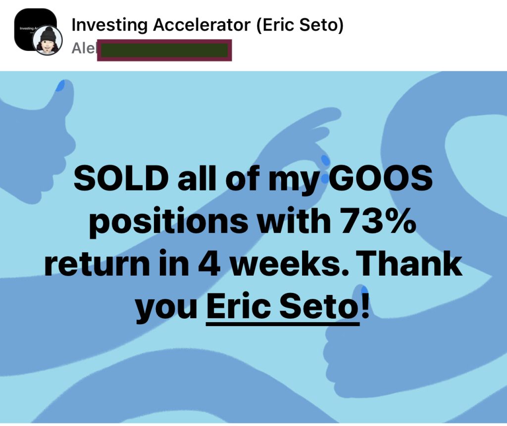 601 - Alex made 73% from GOOS in 1 month