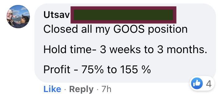 603 - Utsav made 75% from GOOS in 3 months