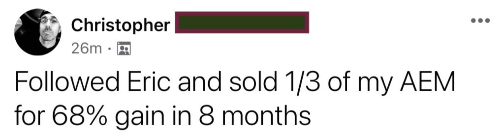 685 - Chris D made 68% gain in 8 months from AEM